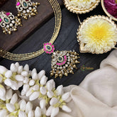 Vriksham Antique Dual Peacock Gold-Plated With AD Stone Pendant Hasli Choker-Red Green & White-Gold Bead-G20532